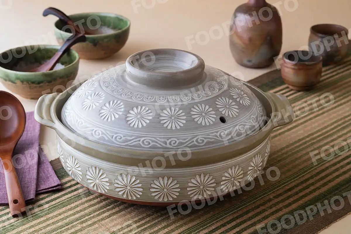 木製のおたまと菊花の文様が特徴的な大きな土鍋