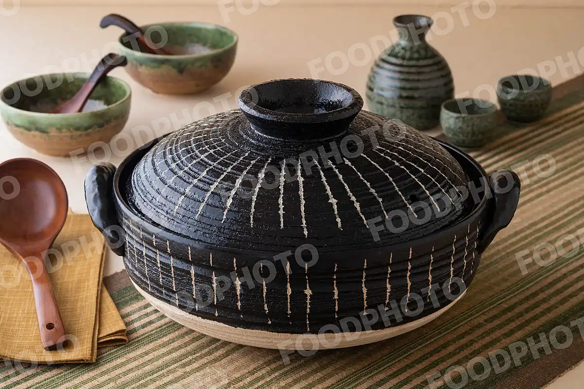 木製のおたまと放射状の線が可愛い大きな土鍋