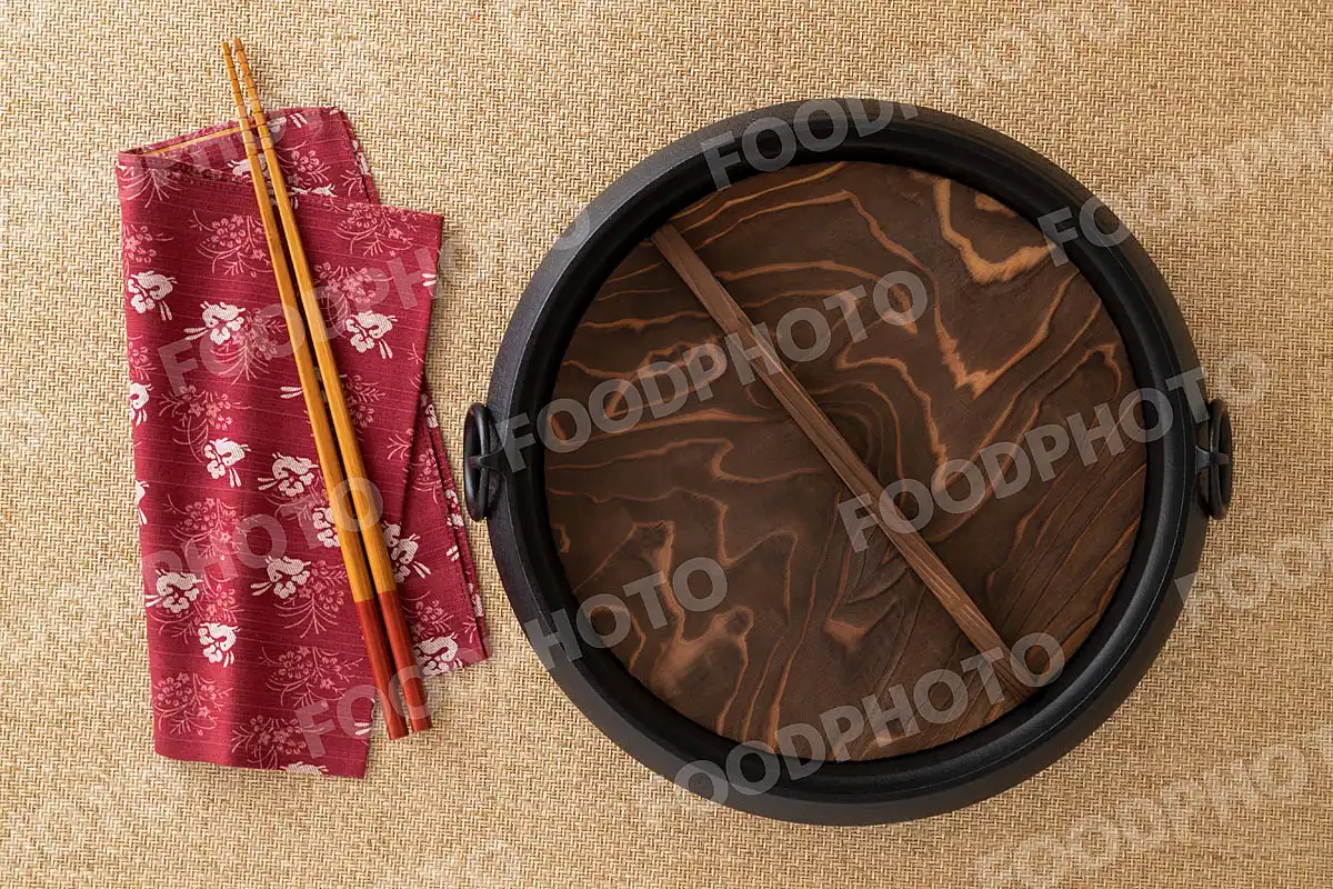 竹の菜箸と南部鉄器のすきやき鍋 / 蓋閉