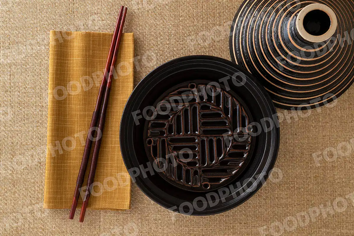 木の菜箸とお手拭きと黒いタジン鍋 / 蓋開