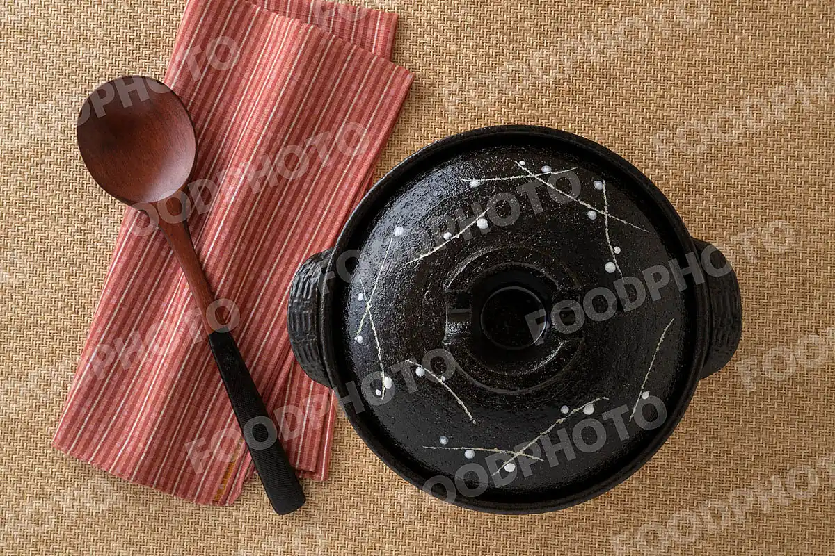 木製のおたまとお手拭き。小さな黒い土鍋 / 蓋閉